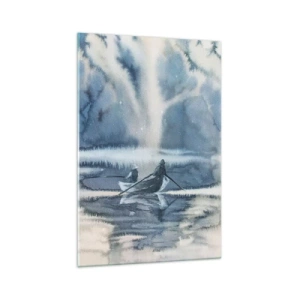 Obraz na szkle - Akwarelowy krajobraz z łodziami na jeziorze otoczonym mglistym lasem - 70x100cm - Wędkarze w swoim raju - Nowoczesna dekoracja ścienna do salonu i sypialni ARTTOR