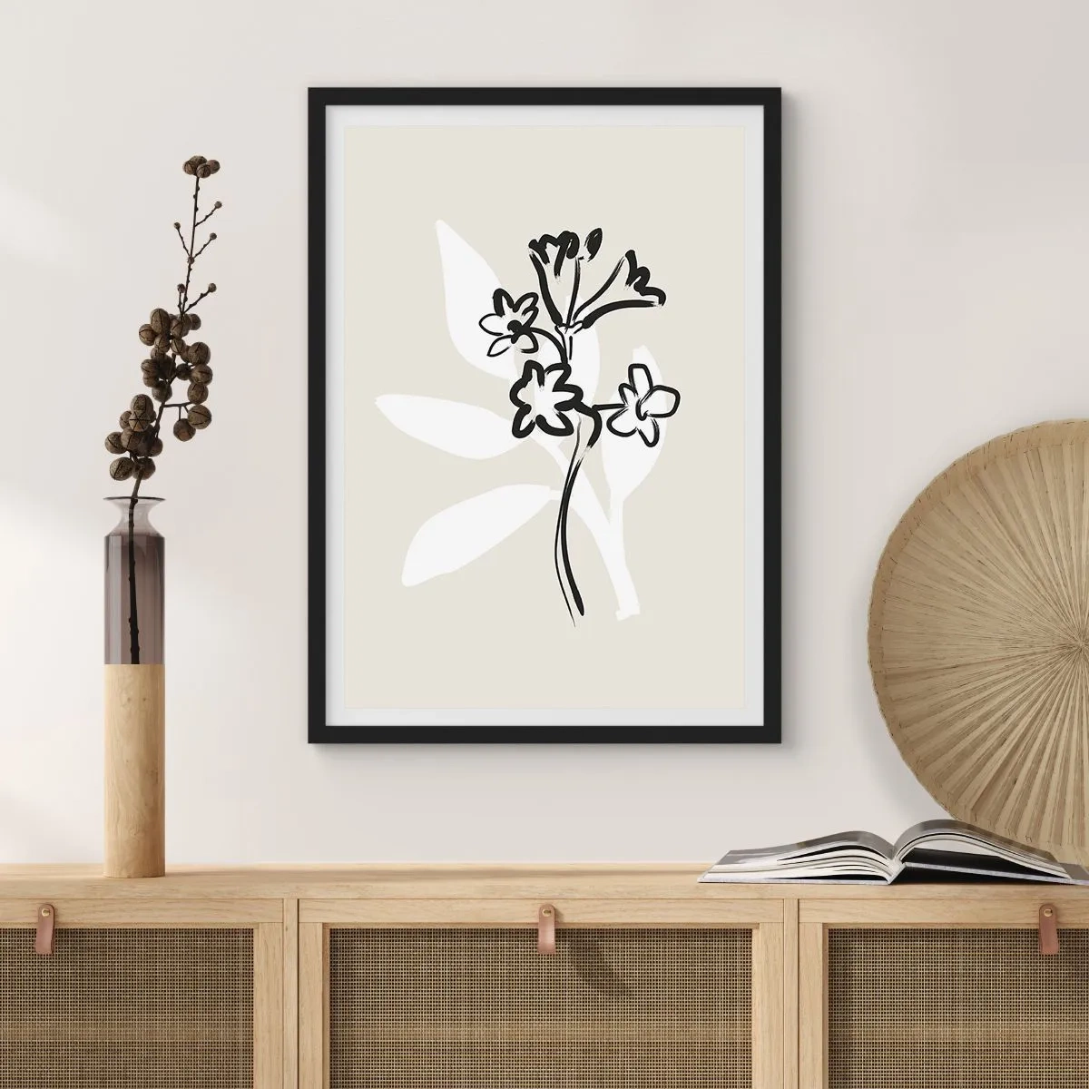 Plakat w czarnej ramie - Minimalistyczny rysunek kwiatów - 50x70cm - Szkic do zielnika - Nowoczesna dekoracja ścienna do salonu i sypialni ARTTOR