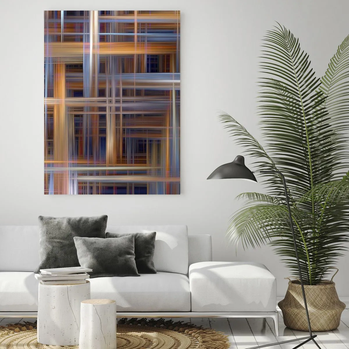 Obraz na szkle - Geometryczny wzór linii i kolorów w stylu abstrakcyjnym - 50x70cm - Utkane ze światła - Nowoczesna dekoracja ścienna do salonu, kuchni i sypialni ARTTOR