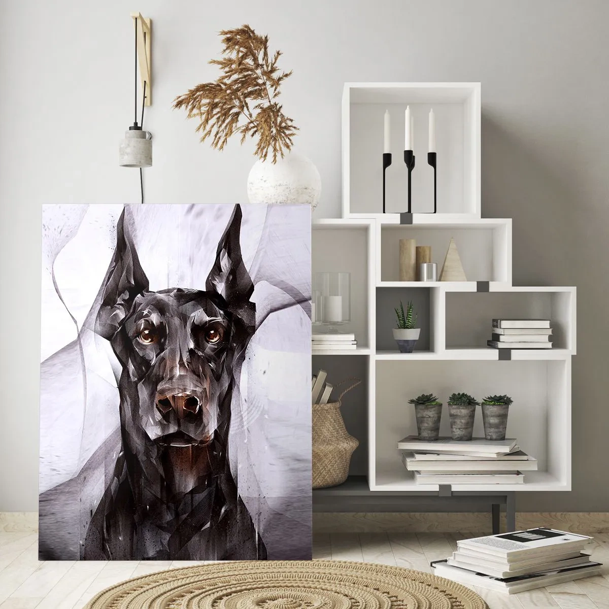 Obraz na szkle - Portret czarnego psa w abstrakcyjnym stylu na jasnym tle - 50x70cm - Szlachetnie urodzony - Nowoczesna dekoracja ścienna do salonu, kuchni i sypialni ARTTOR