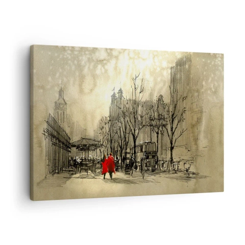 Obraz na płótnie - Czerwona postać w nostalgicznej miejskiej scenerii - 70x50cm - Randka w londyńskiej mgle - Nowoczesna dekoracja ścienna do salonu i sypialni ARTTOR