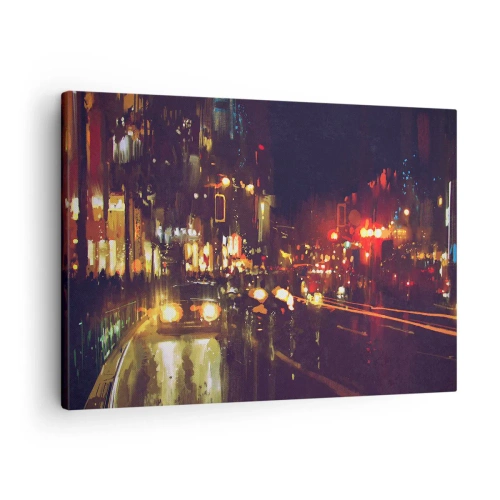 Obraz na płótnie - Nocna scena miasta z kolorowymi światłami i refleksami na ulicy - 70x50cm - Zatopiona w światłach nocy - Nowoczesna dekoracja ścienna do salonu i sypialni ARTTOR