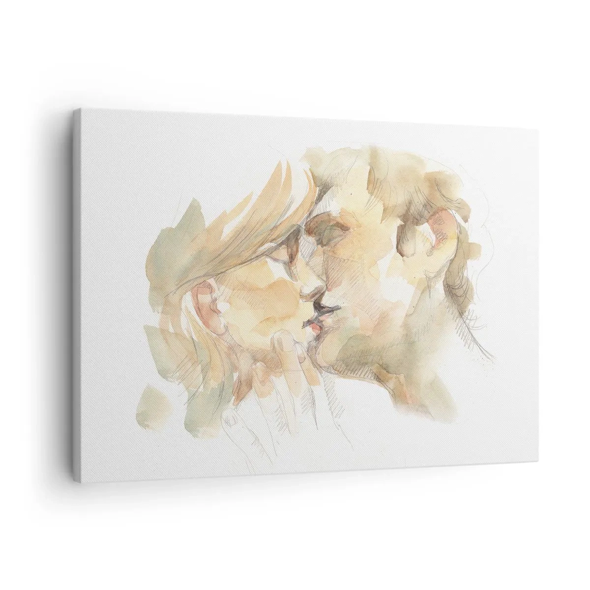Obraz na płótnie - Romantyczny akwarelowy portret pary w pocałunku - 70x50cm - Odnaleziona połowa? - Nowoczesna dekoracja ścienna do salonu i sypialni ARTTOR