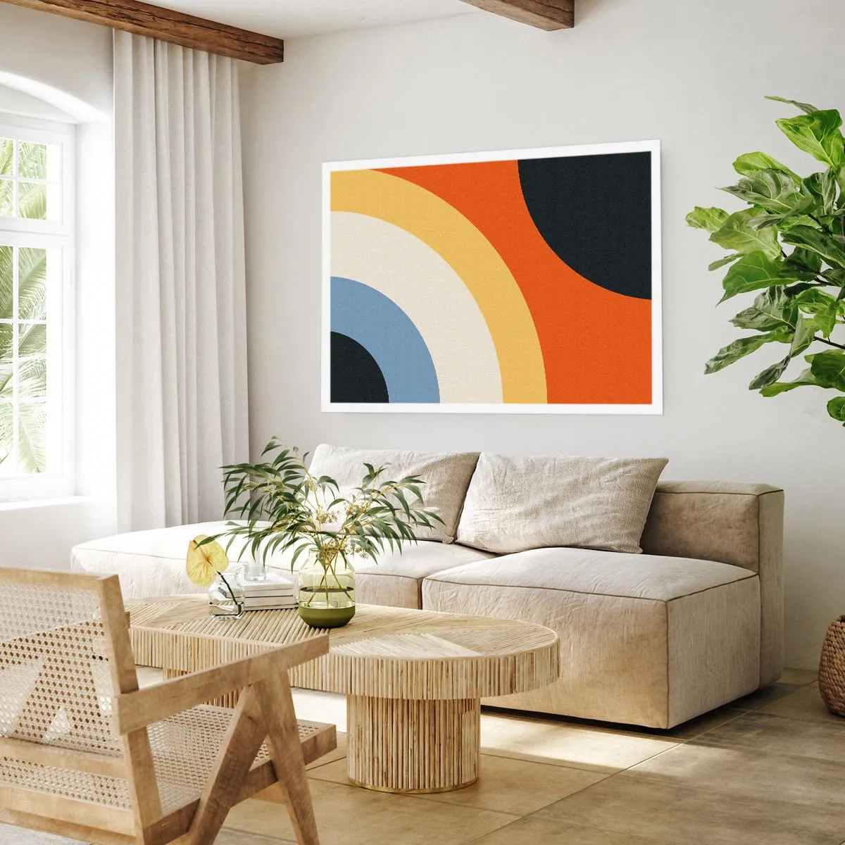 Plakat - Abstrakcyjna grafika z kolorowymi łukami i kontrastowymi kołami - 100x70cm - Ku sobie - Nowoczesna dekoracja ścienna do salonu i sypialni ARTTOR