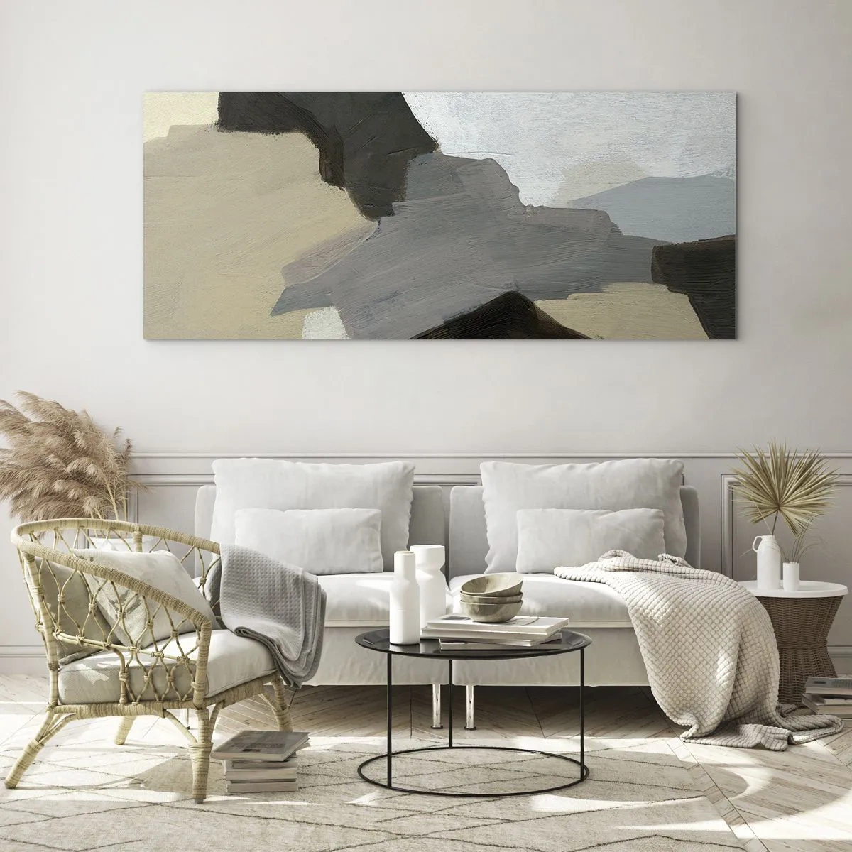 Obraz na szkle - Abstrakcyjne formy w odcieniach beżu, brązu i szarości - 120x50cm - Abstrakcja: rozstaje szarości - Nowoczesna dekoracja ścienna do salonu i sypialni ARTTOR