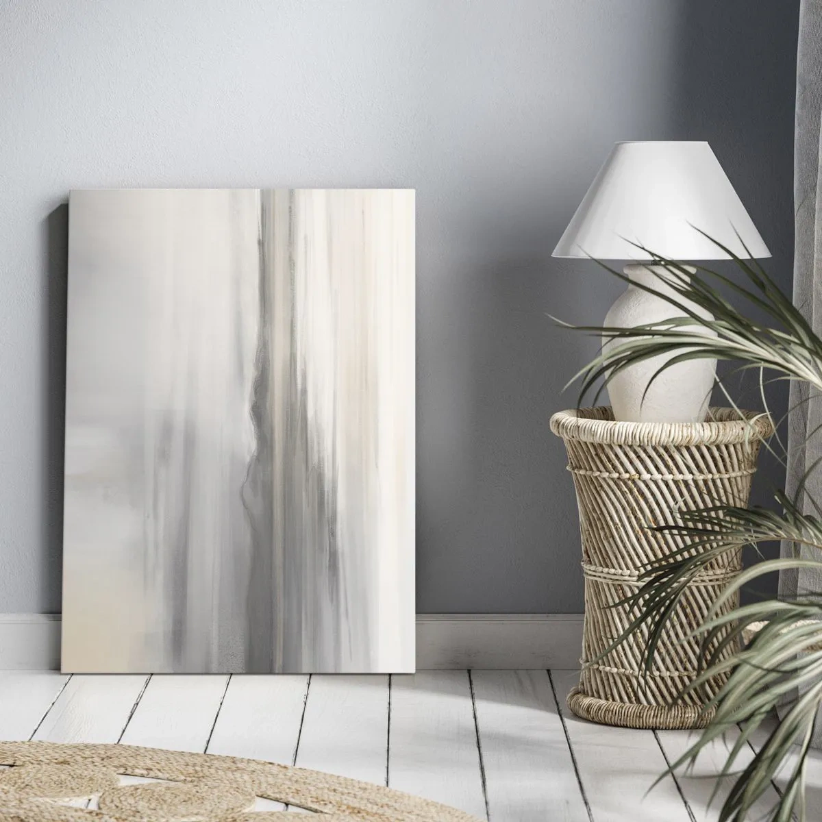 Obraz na płótnie - Subtelny pejzaż w odcieniach szarości i beżu - 80x120cm - Zamyślona dal - Nowoczesna dekoracja ścienna do salonu i sypialni ARTTOR