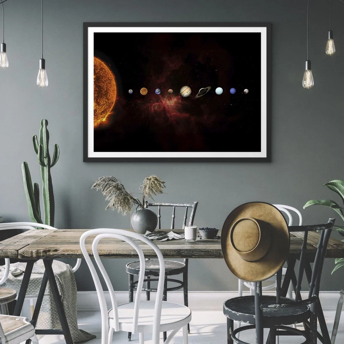 Plakat w czarnej ramie - Układ słoneczny z planetami na tle kosmosu - 70x50cm - Nasza okolica - Nowoczesna dekoracja ścienna do salonu i sypialni ARTTOR