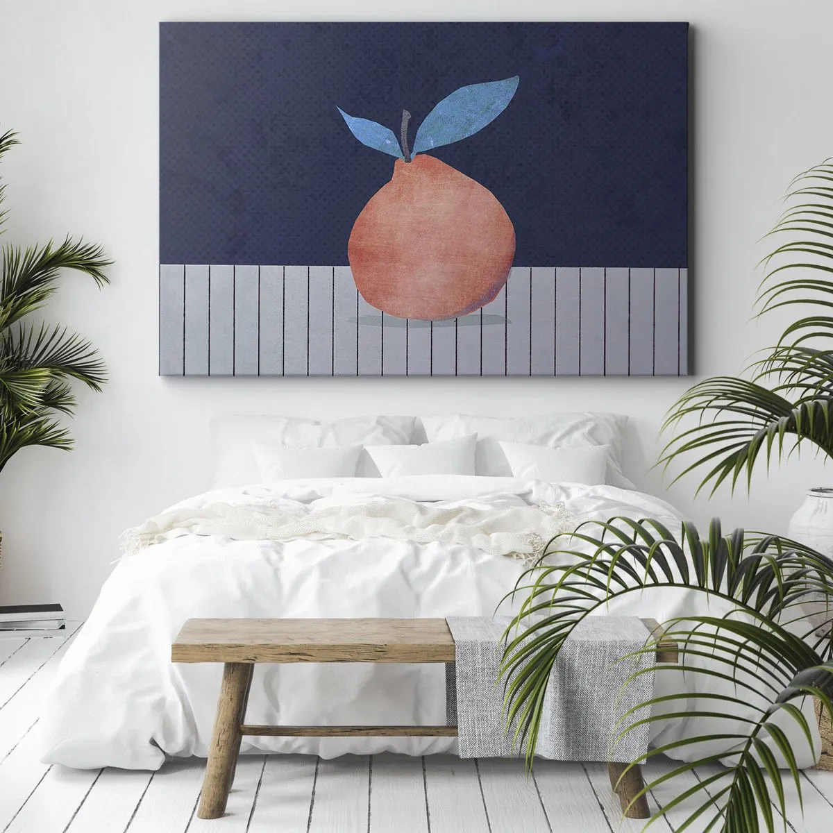 Obraz na płótnie - Abstrakcyjny owoc na tle kontrastowych kolorów i prostych linii - 70x50cm - Wypukłość i płaszczyzna - Nowoczesna dekoracja ścienna do salonu i sypialni ARTTOR