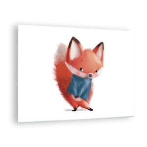 Obraz na szkle - Uroczy lisek w niebieskim sweterku na białym tle - 70x50cm - Ładnie mi w tym? - Nowoczesna dekoracja ścienna do salonu i sypialni ARTTOR