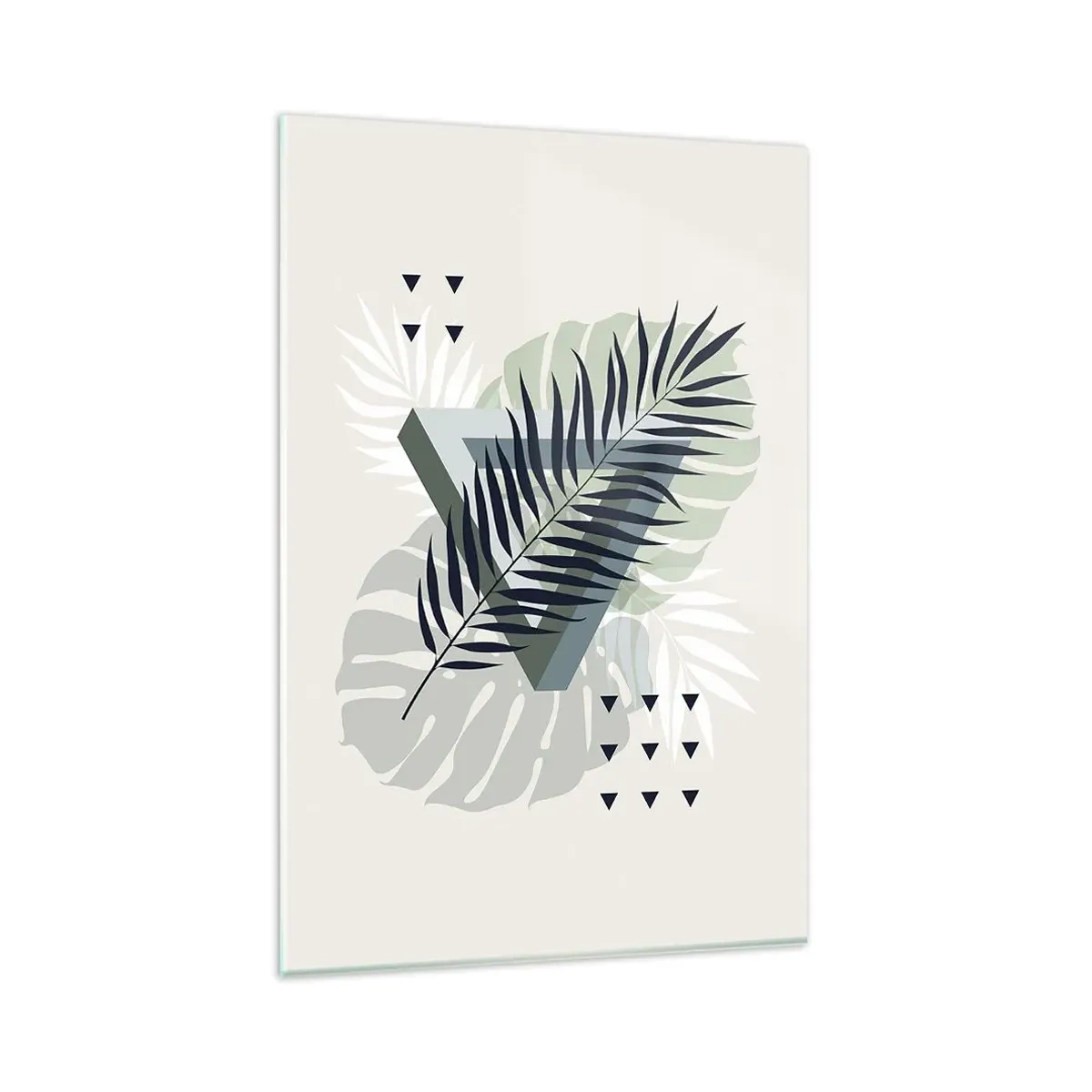 Obraz na szkle - Geometryczna kompozycja z tropikalnymi liśćmi w odcieniach zieleni - 80x120cm - Natura i geometria – dwa porządki? - Nowoczesna dekoracja ścienna do salonu i sypialni ARTTOR
