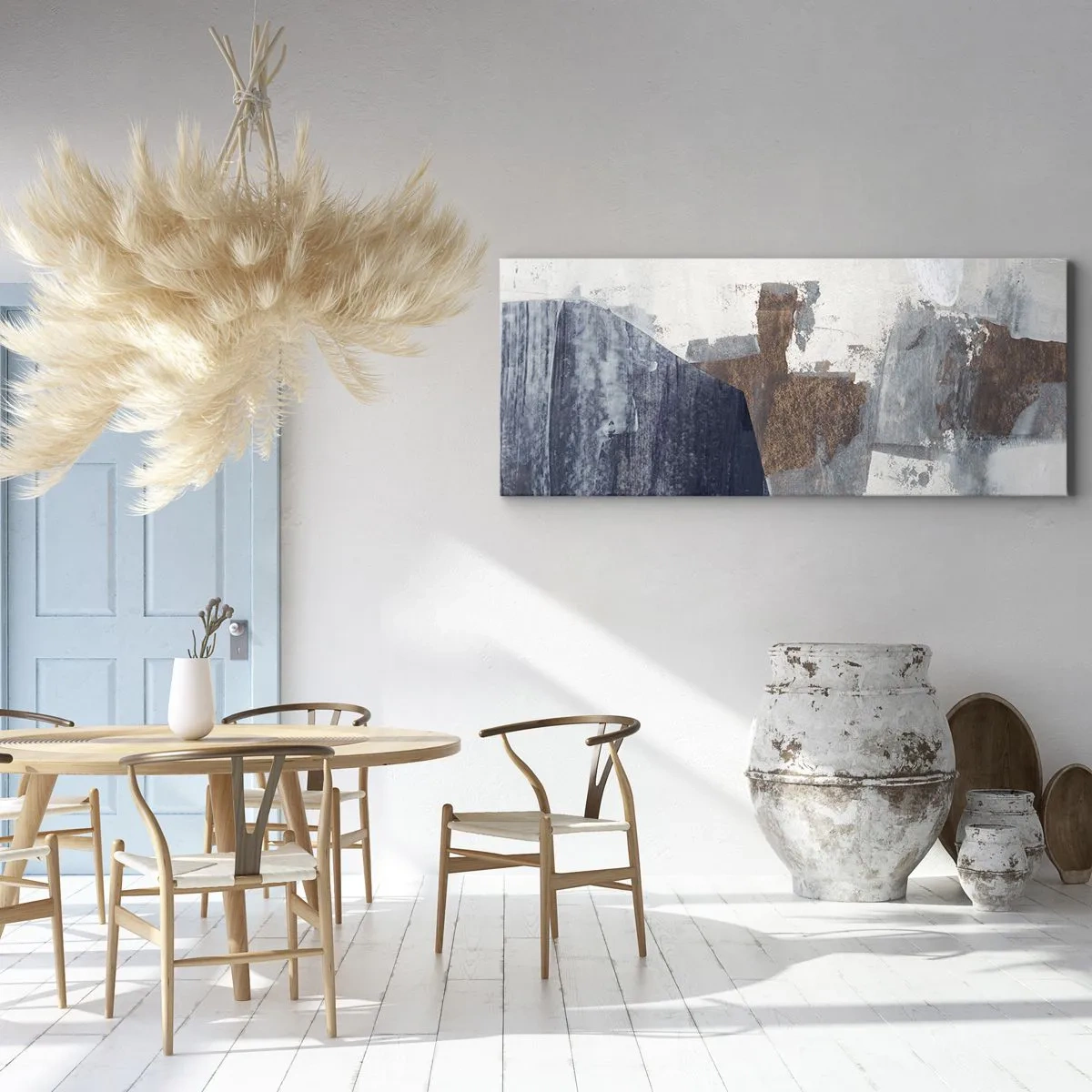 Obraz na płótnie - Abstrakcyjne kształty w odcieniach błękitu i brązu - 140x50cm - Błękitno-brunatne kształty - Nowoczesna dekoracja ścienna do salonu i sypialni ARTTOR