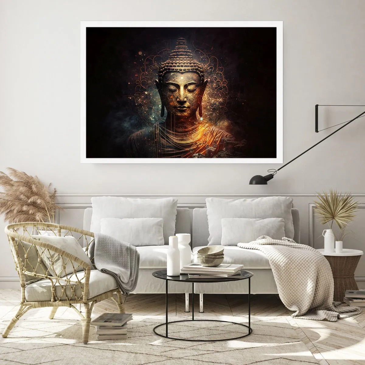 Plakat - Złoty Budda na ciemnym tle z ornamentami - 100x70cm - Duchowa równowaga - Nowoczesna dekoracja ścienna do salonu i sypialni ARTTOR