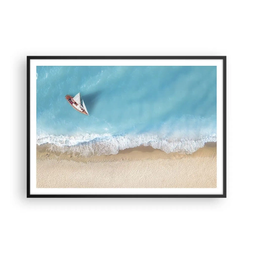 Plakat w czarnej ramie - Łódka przy plaży w widoku z lotu ptaka - 100x70cm - Na granicy błękitu i złota - Nowoczesna dekoracja ścienna do salonu i sypialni ARTTOR