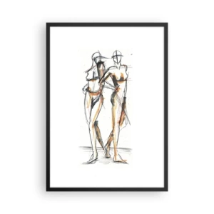 Plakat w czarnej ramie - Abstrakcyjny szkic dwóch postaci w ciepłych barwach - 50x70cm - Studium wdzięku - Nowoczesna dekoracja ścienna do salonu i sypialni ARTTOR