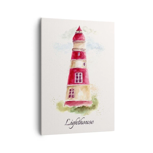 Obraz na płótnie - Akwarelowa ilustracja czerwono-białej latarni morskiej z napisem Lighthouse - 50x70cm - Wokół zawsze pogoda - Nowoczesna dekoracja ścienna do salonu, kuchni i sypialni ARTTOR