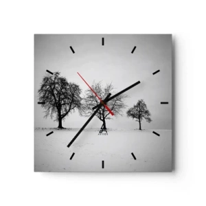 Zegar ścienny - Trzy drzewa na zaśnieżonym polu w monochromatycznym stylu - 30x30cm - O czym śnią? - Nowoczesna dekoracja ścienna do salonu i sypialni ARTTOR