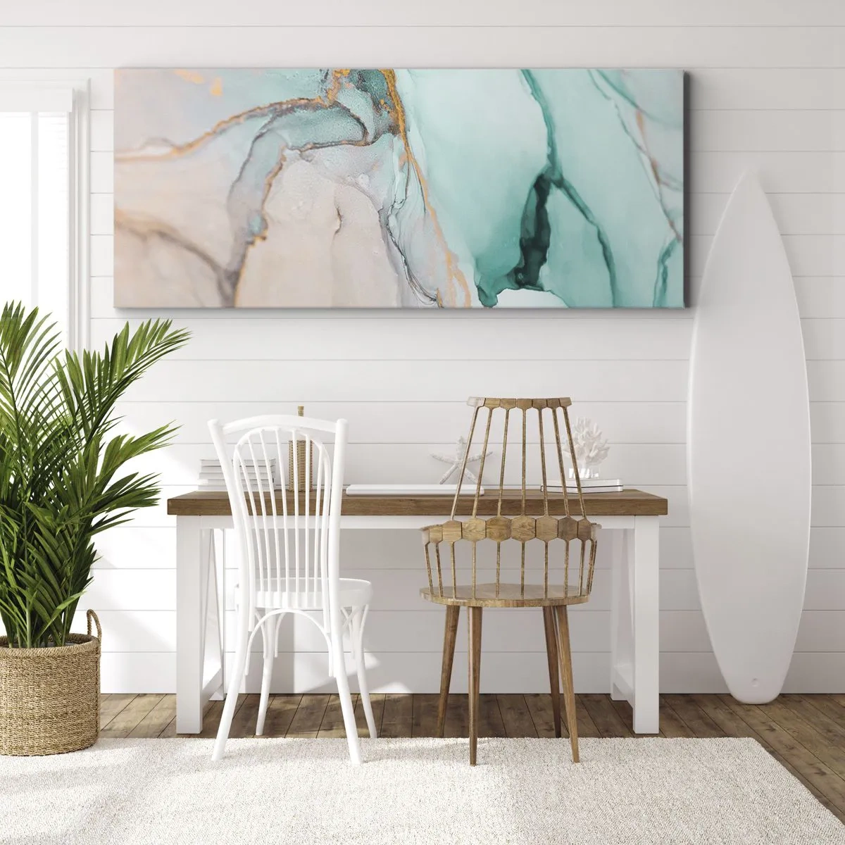 Obraz na płótnie - Abstrakcyjna kompozycja w odcieniach turkusu i złota - 120x50cm - Taniec kształtów i barw - Nowoczesna dekoracja ścienna do salonu i sypialni ARTTOR