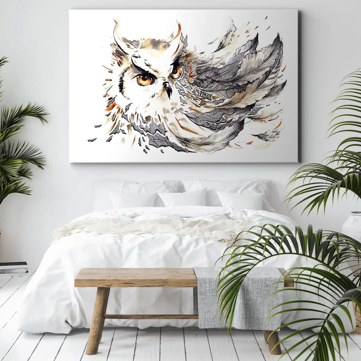 Obraz na płótnie - Sowa z mistycznymi piórami w artystycznej formie akwareli - 70x50cm - Przybyła ze świata magii - Nowoczesna dekoracja ścienna do salonu i sypialni ARTTOR