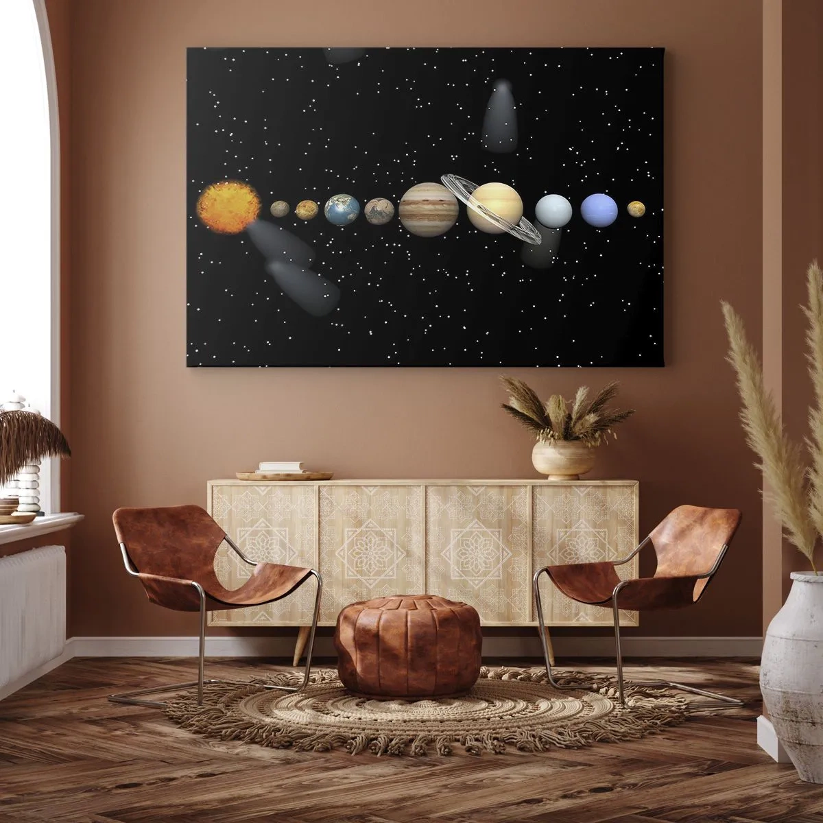Obraz na płótnie - Układ słoneczny z planetami na tle gwiazd w kosmosie - 100x70cm - A planety szaleją, szaleją… - Nowoczesna dekoracja ścienna do salonu, kuchni i sypialni ARTTOR