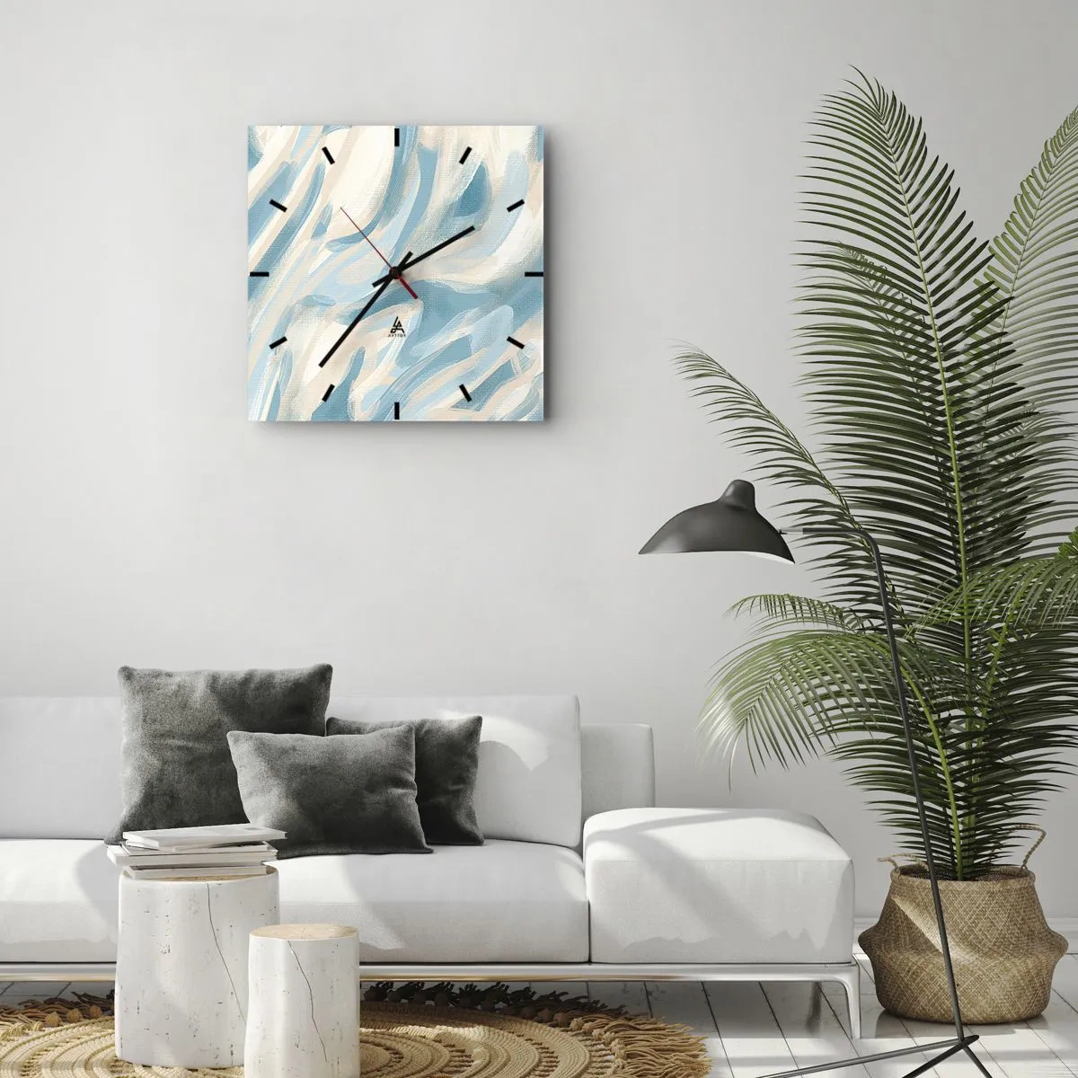 Zegar ścienny - Abstrakcyjne błękitne smugi na jasnym tle - 30x30cm - Wiosenne powiewy - Nowoczesna dekoracja ścienna do salonu i sypialni ARTTOR