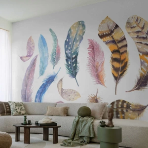 Fototapeta Premium Canvas - Lekkie, pstrokate i wielobarwne - Ptasie Pióra, Ptaki, Grafika - 250x175 cm