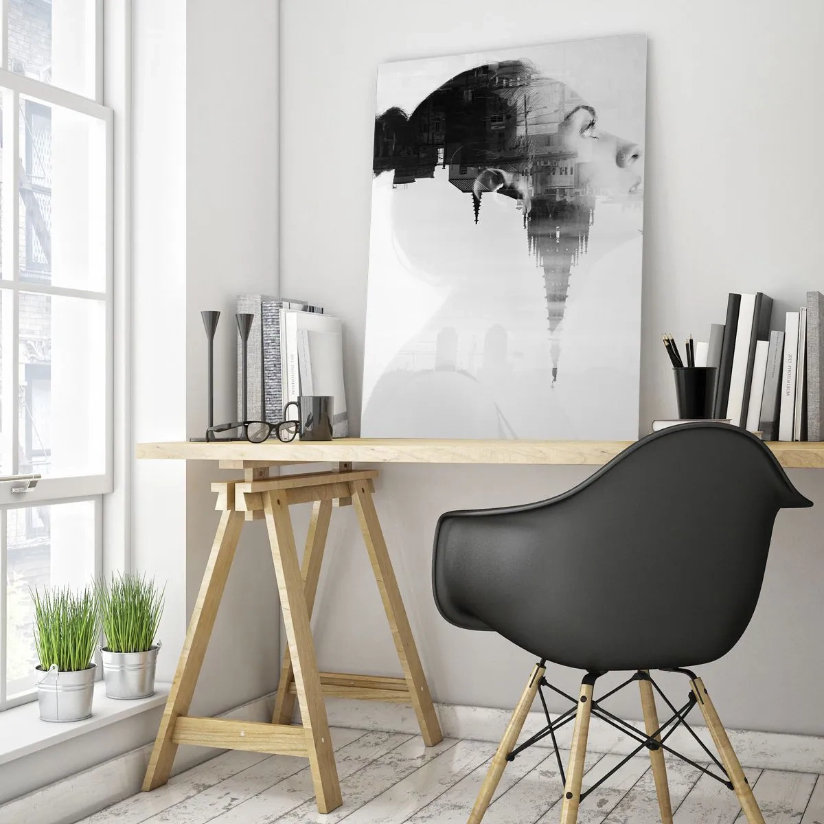 Obraz na szkle - Sylwetka kobiety z elementami architektury w tle - 50x70cm - Po dwóch stronach szyby - Nowoczesna dekoracja ścienna do salonu, kuchni i sypialni ARTTOR