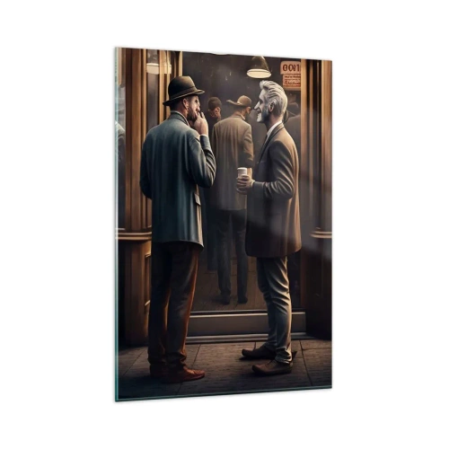 Obraz na szkle - Scena uliczna z ludźmi przed kawiarnią w stylu retro - 80x120cm - Dobra chwila dnia - Nowoczesna dekoracja ścienna do salonu i sypialni ARTTOR