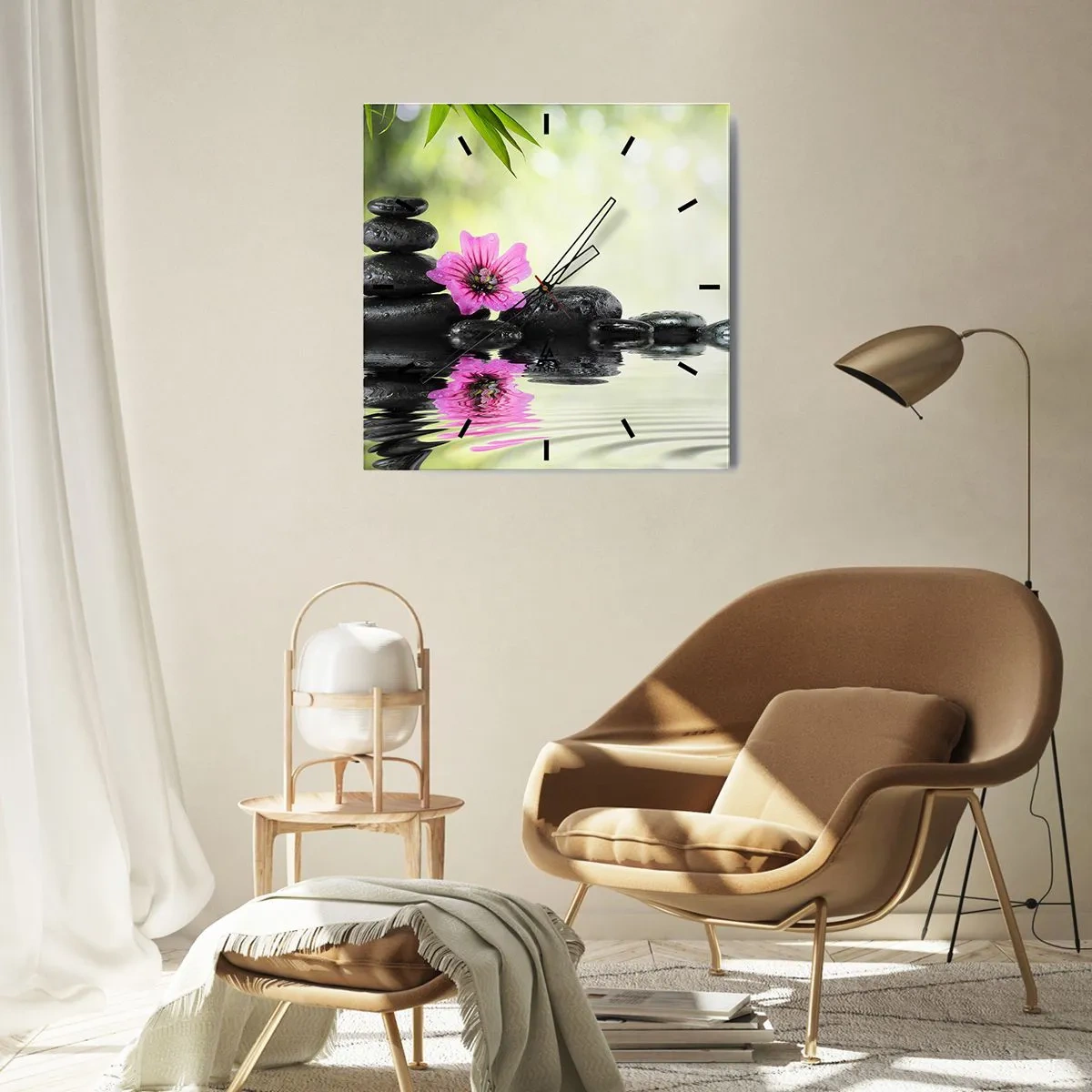Zegar ścienny - Kamienie Zen i różowy kwiat odbijające się w wodzie - 30x30cm - Czas dla duszy - Nowoczesna dekoracja ścienna do salonu i sypialni ARTTOR