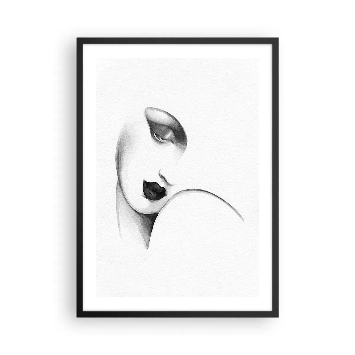 Plakat w czarnej ramie - Subtelny portret kobiety w czarno-białym stylu - 50x70cm - W stylu Łempickiej - Nowoczesna dekoracja ścienna do salonu i sypialni ARTTOR