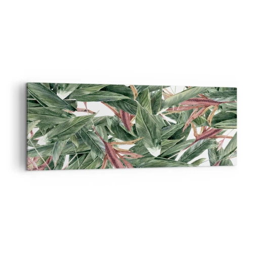 Obraz na płótnie - Dekoracyjny motyw liści w odcieniach zieleni i bordo na jasnym tle - 140x50cm - Szmaragdowo-liliowy gąszcz - Nowoczesna dekoracja ścienna do salonu i sypialni ARTTOR