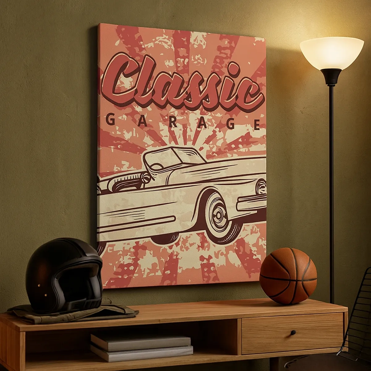 Obraz na płótnie - Plakat retro z klasycznym samochodem i napisem Classic Garage - 50x70cm - A w radiu Elvis - Nowoczesna dekoracja ścienna do salonu, kuchni i sypialni ARTTOR