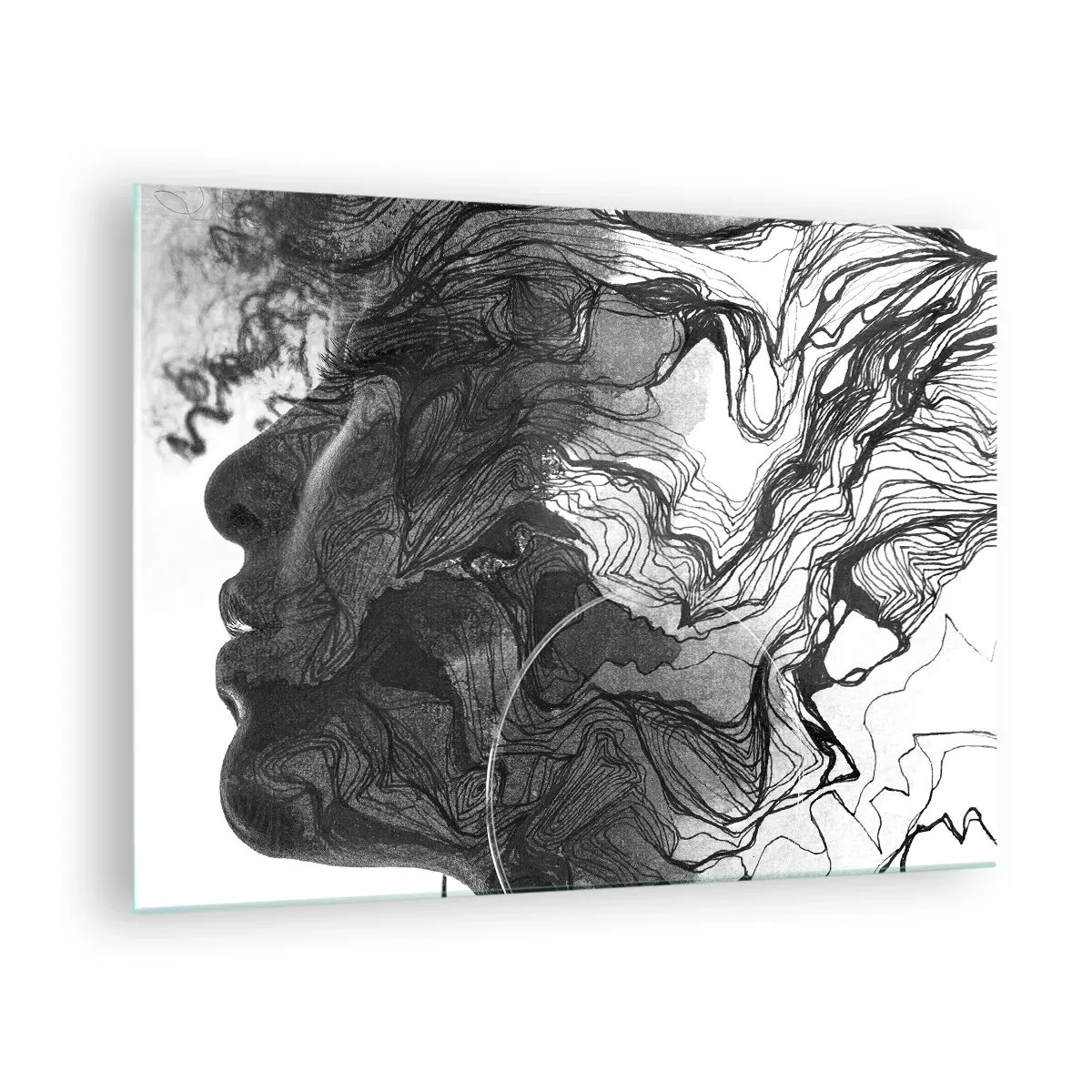 Obraz na szkle - Czarno-biała sylwetka kobiety z abstrakcyjnymi liniami - 70x50cm - Zaplątana w marzeniach - Nowoczesna dekoracja ścienna do salonu i sypialni ARTTOR