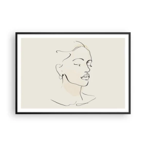 Plakat w czarnej ramie - Delikatny szkic kobiecej twarzy na jasnym tle - 100x70cm - Pewną kreską - Nowoczesna dekoracja ścienna do salonu i sypialni ARTTOR