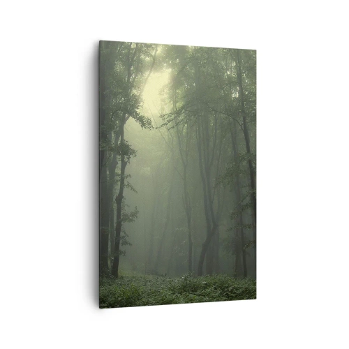 Obraz na płótnie - Zielony las o poranku otulony delikatną mgłą - 80x120cm - Zanim się obudzi - Nowoczesna dekoracja ścienna do salonu i sypialni ARTTOR