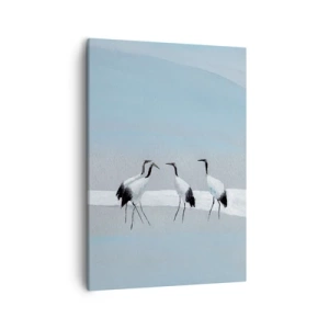 Obraz na płótnie - Trzy żurawie stojące na tle niebieskiego nieba w pastelowych barwach - 50x70cm - Po gorącym dniu - Nowoczesna dekoracja ścienna do salonu, kuchni i sypialni ARTTOR