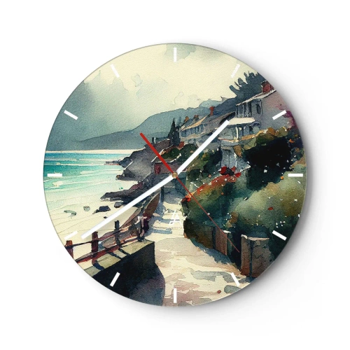 Zegar ścienny - Ścieżka nadmorska prowadząca przez śródziemnomorską zabudowę z widokiem na morze - 30x30cm - Śródziemnomorskie miasteczko - Nowoczesna dekoracja ścienna do salonu, kuchni i sypialni ARTTOR