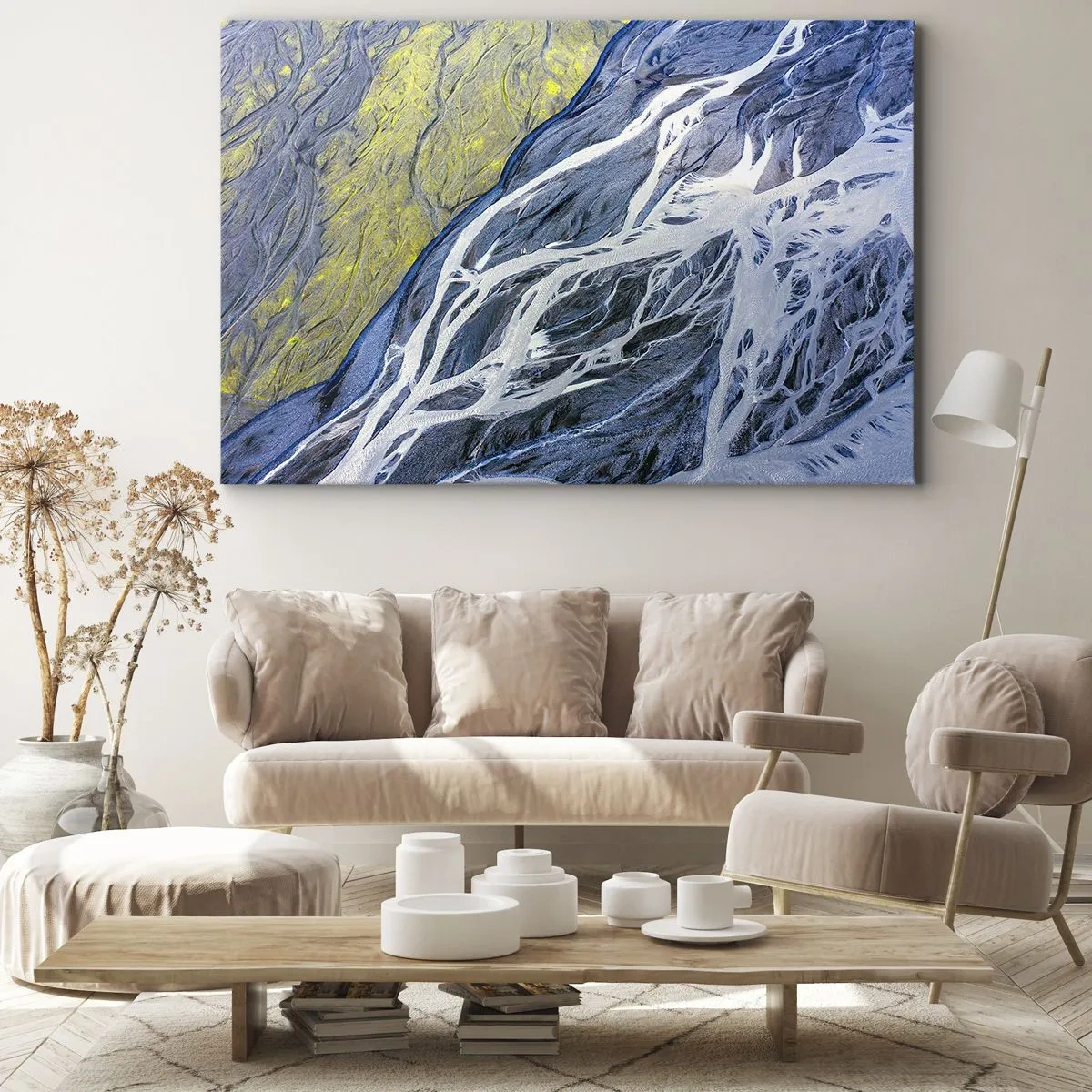 Obraz na płótnie - Abstrakcyjny widok na meandrujące koryta rzek z lotu ptaka - 120x80cm - Naskalne malowidła natury - Nowoczesna dekoracja ścienna do salonu, kuchni i sypialni ARTTOR