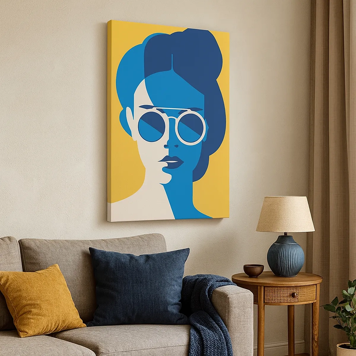 Obraz na płótnie - Nowoczesna grafika przedstawiająca stylizowany portret kobiety w okularach przeciwsłonecznych - 50x70cm - Wakacyjny look - Nowoczesna dekoracja ścienna do salonu, kuchni i sypialni ARTTOR