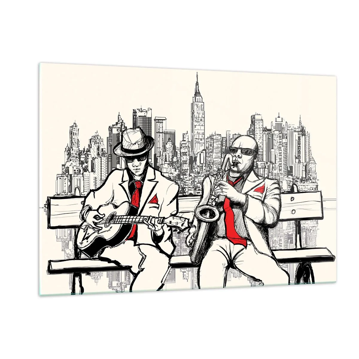 Obraz na szkle - Dwóch muzyków jazzowych grających na tle panoramy miasta - 120x80cm - Nowojorska improwizacja - Nowoczesna dekoracja ścienna do salonu, kuchni i sypialni ARTTOR