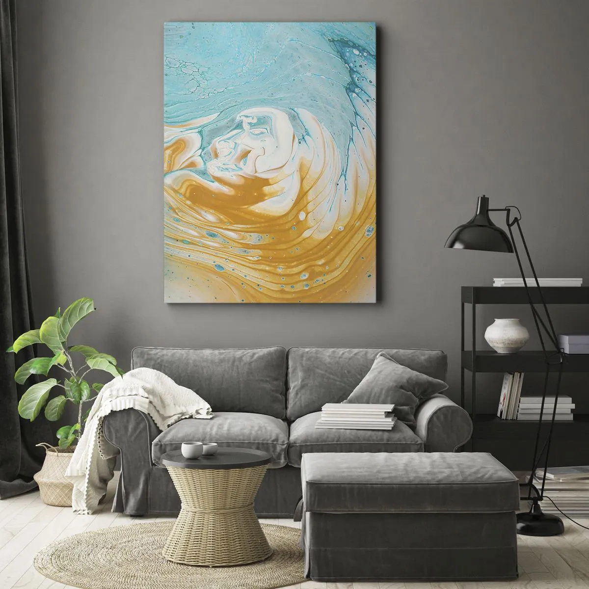Obraz na płótnie - Abstrakcyjny wir w odcieniach turkusu i złota - 50x70cm - Pastelowy wir - Nowoczesna dekoracja ścienna do salonu, kuchni i sypialni ARTTOR