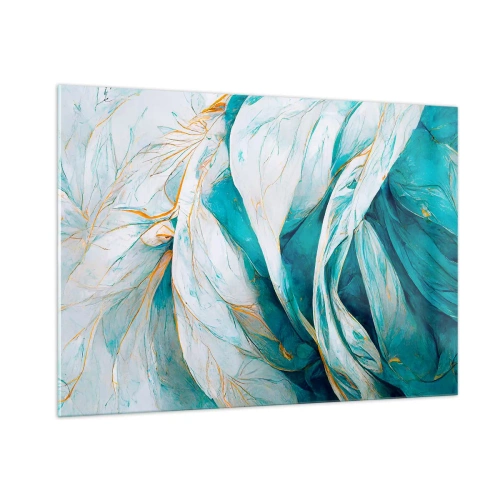 Obraz na szkle - Organiczna abstrakcja w błękitach i złotych liniach - 100x70cm - Błękitna abstrakcja z motywem złota - Nowoczesna dekoracja ścienna do salonu, kuchni i sypialni ARTTOR