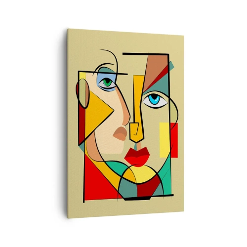 Obraz na płótnie - Kolorowy abstrakcyjny portret w stylu kubistycznym - 70x100cm - Dobrana para - Nowoczesna dekoracja ścienna do salonu i sypialni ARTTOR