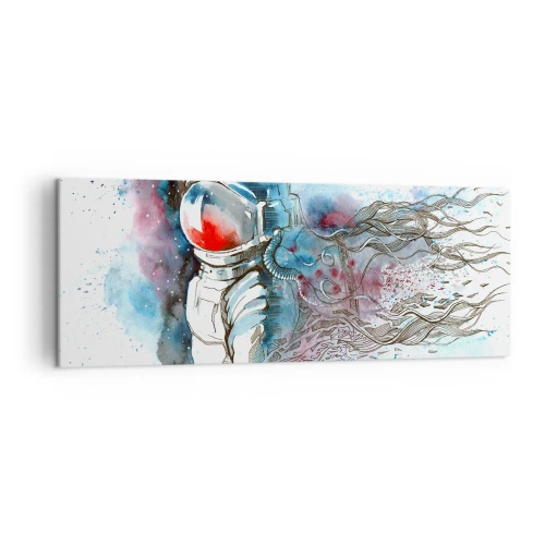 Obraz na płótnie - Kosmonauta w dynamicznej akwareli z kosmicznymi detalami - 140x50cm - Sam na sam z kosmosem - Nowoczesna dekoracja ścienna do salonu i sypialni ARTTOR