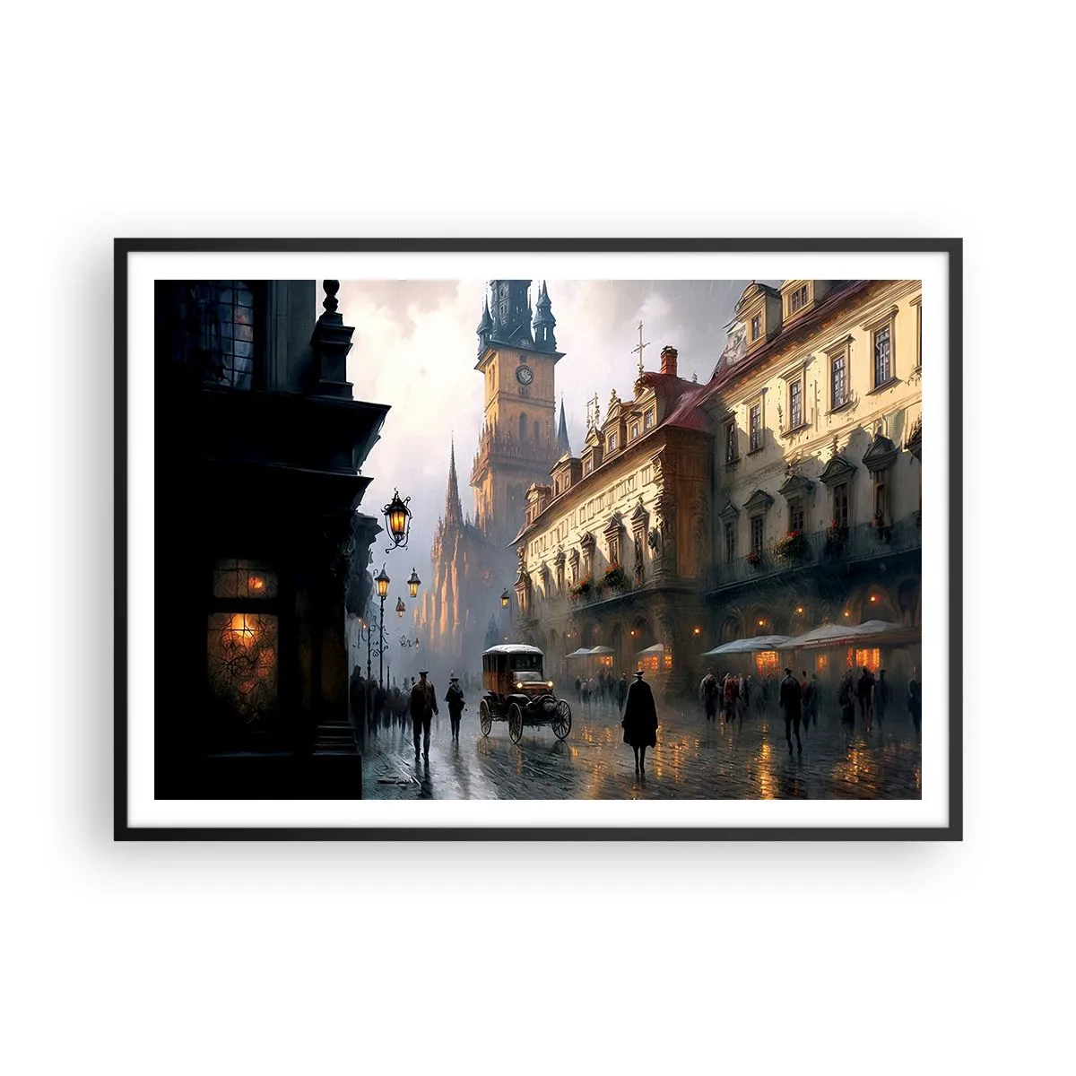 Plakat w czarnej ramie - Wieczorna scena uliczna z zabytkową architekturą - 100x70cm - Czar praskiego wieczoru - Nowoczesna dekoracja ścienna do salonu i sypialni ARTTOR