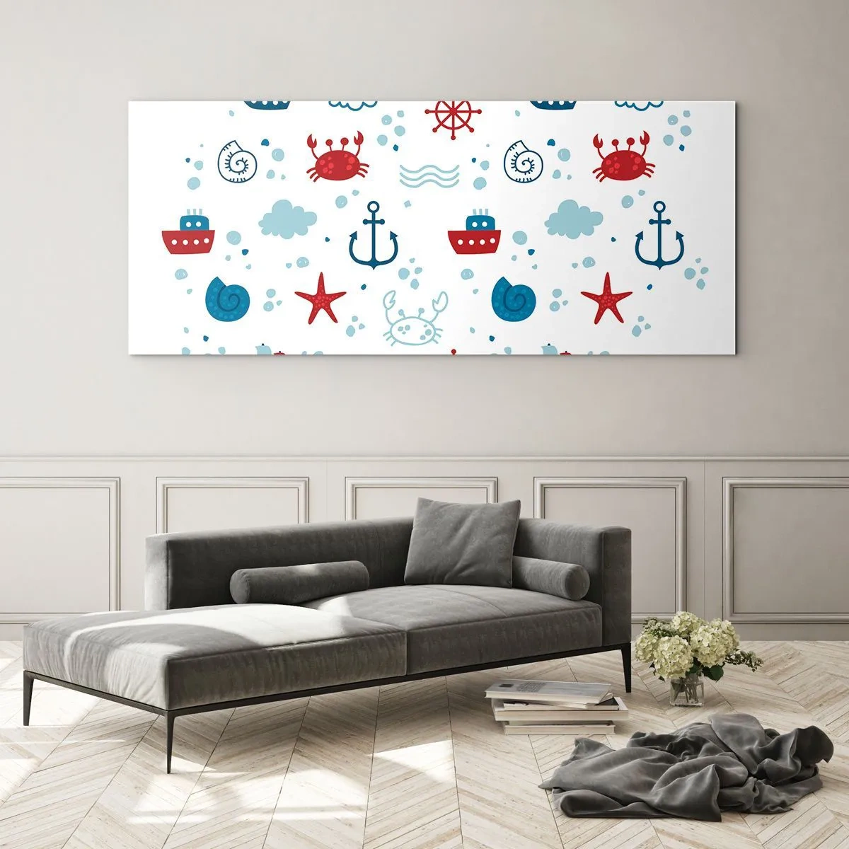 Obraz na szkle - Morski wzór z kotwicami, statkami i krabami - 140x50cm - Morska bajka - Nowoczesna dekoracja ścienna do salonu i sypialni ARTTOR