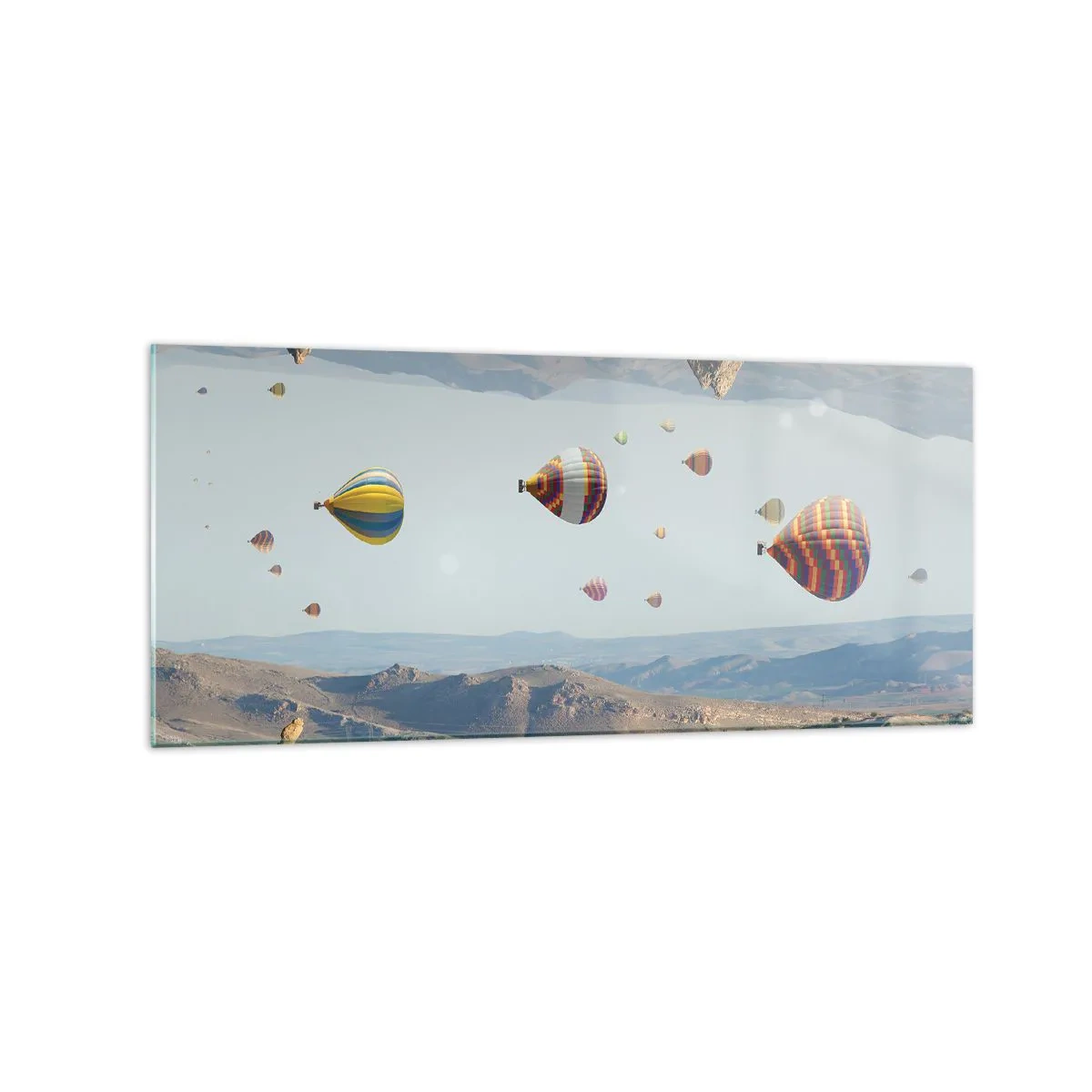 Obraz na szkle - Kolorowe balony nad skalnym krajobrazem - 120x50cm - Tu wszystko jest możliwe - Nowoczesna dekoracja ścienna do salonu i sypialni ARTTOR
