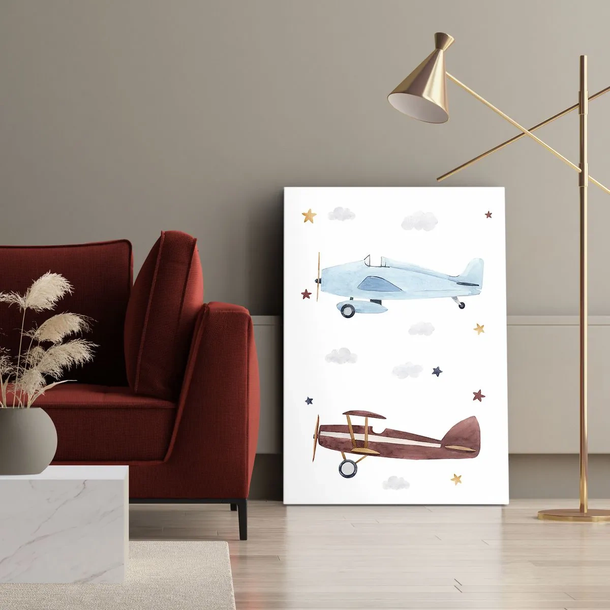 Obraz na płótnie - Ilustracja dwóch samolotów w stylu akwarelowym na białym tle - 50x70cm - Panie pilocie, czekamy! - Nowoczesna dekoracja ścienna do salonu, kuchni i sypialni ARTTOR