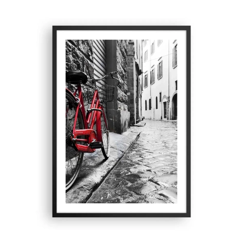 Plakat w czarnej ramie - Czerwony rower na czarno-białej ulicy brukowanej - 50x70cm - Prawdziwe piękno się nie starzeje - Nowoczesna dekoracja ścienna do salonu i sypialni ARTTOR