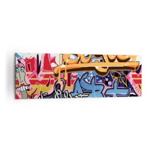Obraz na płótnie - Kolorowe graffiti z dynamicznymi napisami i ilustracjami - 160x50cm - Murale, murale, murale… - Nowoczesna dekoracja ścienna do salonu i sypialni ARTTOR