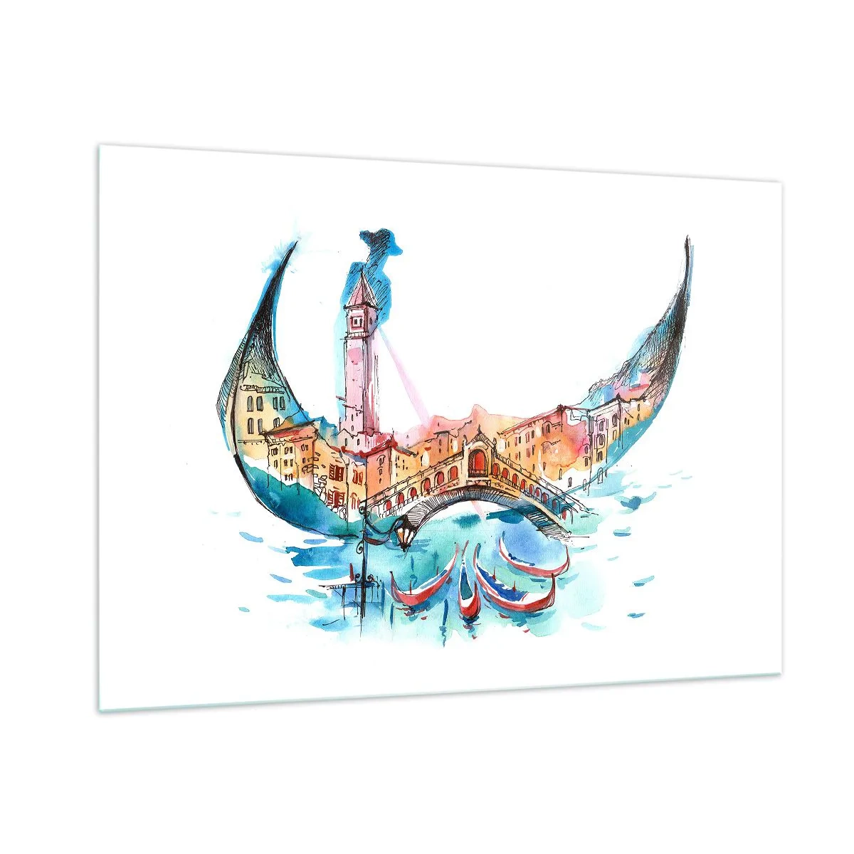 Obraz na szkle - Akwarelowa panorama Wenecji w formie maski - 100x70cm - Płyniemy przez miasto - Nowoczesna dekoracja ścienna do salonu, kuchni i sypialni ARTTOR